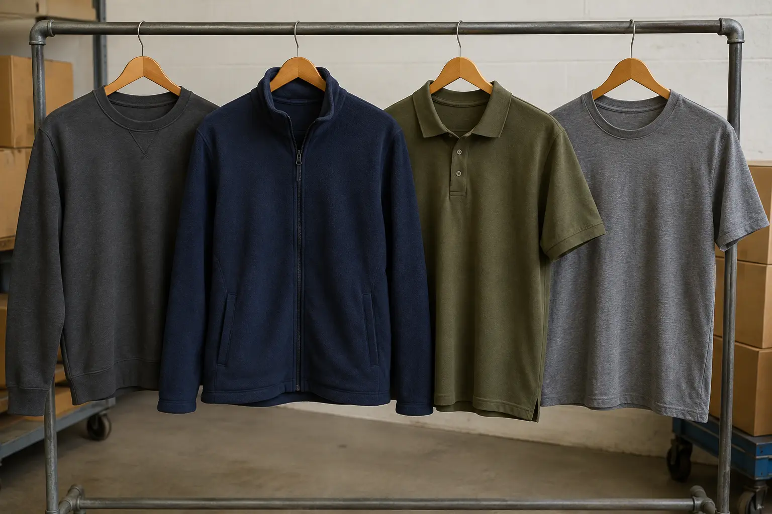 Φούτερ, fleece, polo και μπλουζάκια σε χώρο ταξινόμησης επαγγελματικού ρουχισμού
